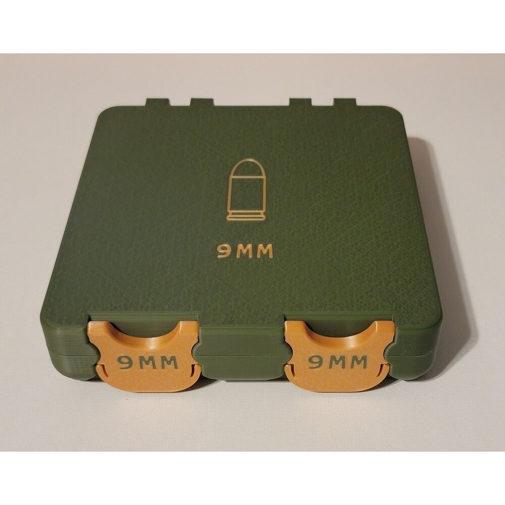 3D Printed 9mm Ammo Box Snap Lock 100 rd Large Storage Olive Green / Gold Combo